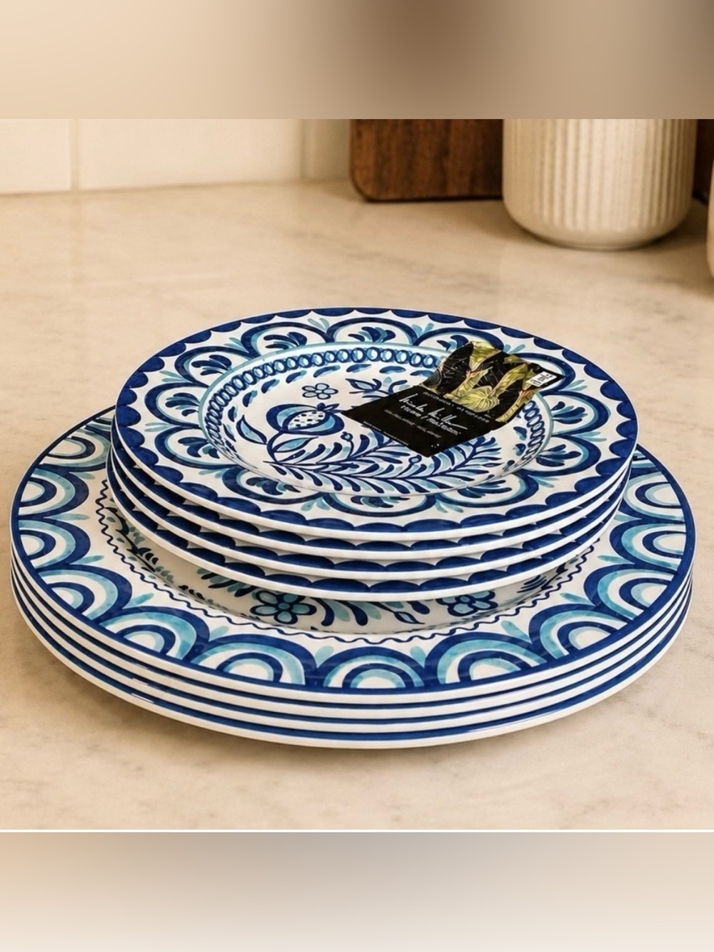 Nicole Miller Blue Jacobean Floral Melamine Plates Set of 8 Dinner Salad NWT